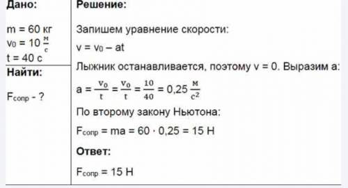 Лижник масою 60 кг, який має наприкінці спуску швидкість 10 м/с, зупиняється на горизонтальній ділян