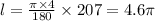 l = \frac{\pi \times 4}{180} \times 207 = 4.6\pi