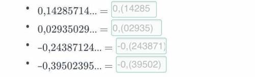 Определи период чисел и запиши. 0,14285714... = 0,02935029... = –0,24387124... = –0,39502395.