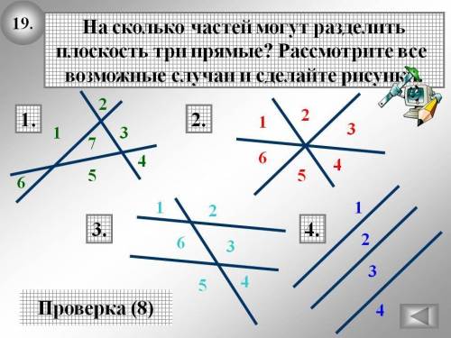 Как тремя прямыми можно разбить плоскость на 5 частей?