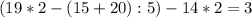 (19 * 2 - (15 + 20) : 5) - 14 * 2 = 3