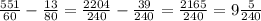 \frac{551}{60} - \frac{13}{80} = \frac{2204}{240} - \frac{39}{240} = \frac{2165}{240} = 9\frac{5}{240}