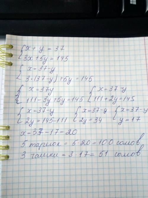 мне нужно Тарелка и чашка вместе стоили 37 сомов, а 3 тарелки и 5 чашек - 145 сомов. Сколько стоят 5