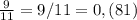 \frac{9}{11} = 9/11 = 0,(81)