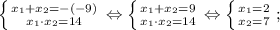 \left \{ {{x_{1}+x_{2}=-(-9)} \atop {x_{1} \cdot x_{2}=14}} \right. \Leftrightarrow \left \{ {{x_{1}+x_{2}=9} \atop {x_{1} \cdot x_{2}=14}} \right. \Leftrightarrow \left \{ {{x_{1}=2} \atop {x_{2}=7}} \right. ;