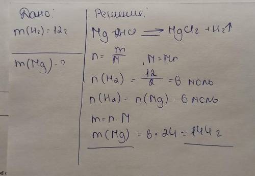 Вычислите массу магния (Mg), который должен взаимодействовать с соляной кислотой с выделением 12 г в