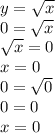 y = \sqrt{x} \\ 0 = \sqrt{x} \\ \sqrt{x} = 0 \\ x = 0 \\ 0 = \sqrt{0 } \\ 0 = 0 \\ x = 0