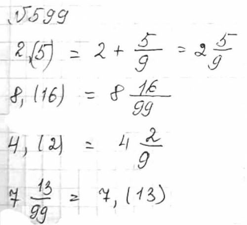 599. Жай бөлшек түрінде жазыңдар:1) 2,(5); 2) 8,(16); 3) 4,(2);4) 7,(13).​