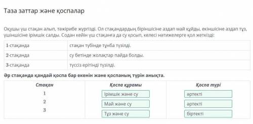 Таза заттар және қоспалар Оқушы үш стақан алып, тәжірибе жүргізді. Ол стақандардың біріншісіне аздап