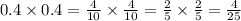 0.4 \times 0.4 = \frac{4}{10} \times \frac{4}{10} = \frac{2}{5} \times \frac{2}{5} = \frac{4}{25}