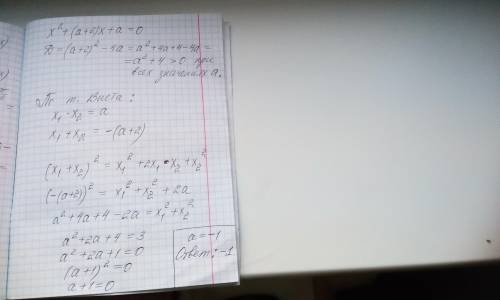 При каком значении a сумма квадратов корней уравнения x²+(a+2)x+a=0 равно 3 ​