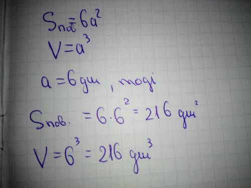 Обчисліть об'єм і площу поверхні куба з ребром 6дм​