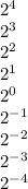 {2}^{4} \\ {2}^{3} \\ {2}^{2} \\ {2}^{1} \\ {2}^{0} \\ {2}^{ - 1} \\ {2}^{ - 2} \\ {2}^{ - 3} \\ {2}^{ - 4}