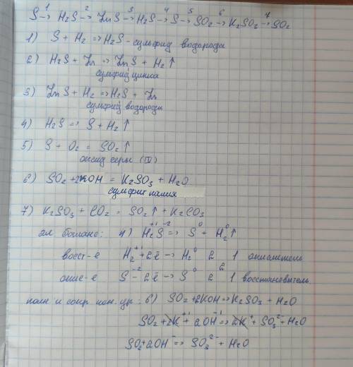 Осуществить превращения S-->H2S-->ZnS-->H2S-->S-->SO2-->K2SO3-->SO2 Для реакции