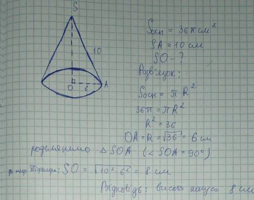 Геометрія площа основи конуса = 36 П см2 а його твірна 10 см. Знайдіть висоту конуса ​