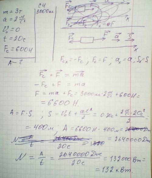 Автомобиль массой 3 т начал двигаться по горизонтальной дороги с ускорением 2 м/с². Какую работу сов