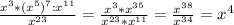 \frac{x^{3}*(x^{5})^{7} : x^{11} }{x^{23} } =\frac{x^{3}*x^{35} }{x^{23}*x^{11} } =\frac{x^{38} }{x^{34} } =x^{4}