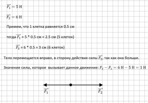 Изобразите графически силу 5H, действующая на тело в точке горизонтально справа налево и силу 6 H, к