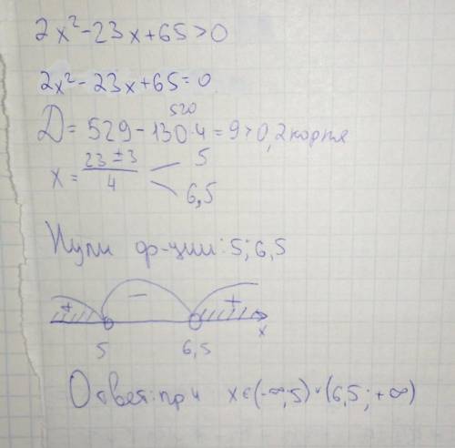 укажите все значения переменной при каждом из которых которых 2х^2-23х+65 принимает положительное зн