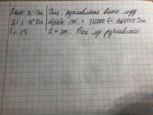 Льоду масою 5 кг при t - 0⁰С надали 2 МДж енергії. Чи розплавиться весь лід, якщо ні, то скільки зал