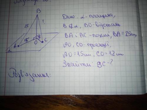 З точки В опущено перпендикуляр на площину і проведено две похилі проекції яких 12 і 15 ссм. Довжина