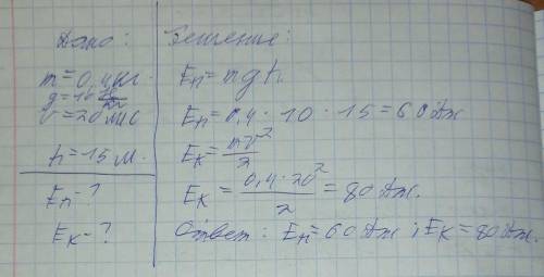 Камень массой 0,4 кг бросили вертикально вверх со скоростью 20 м/с. Чему равны кинетическая и потенц