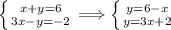 \left \{ {{x + y = 6} \atop {3x - y = -2}} \right. \Longrightarrow \left \{ {{y=6 - x} \atop {y = 3x + 2}} \right.