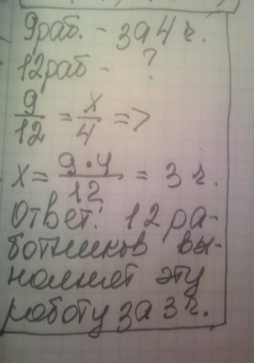 9 робітників можуть виконати завдання за 4 год. За скільки годин виконають те ж саме завдання 12 роб