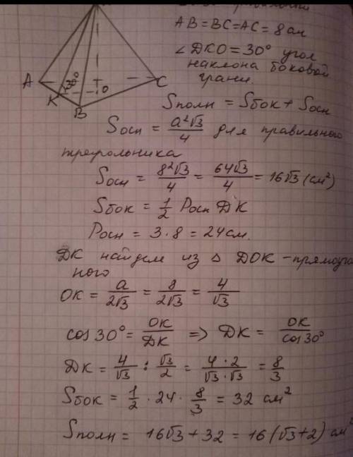 Сторона основи правильної трикутної піраміди дорівнює 8 см,а бічна грань нахилена до площини основи