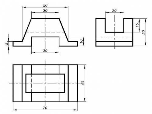 Построить три вида детали ( Спереди,сверху,сбоку) по данному наглядному изображению в аксонометричес