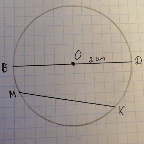 Постройте окружность с центром в точке О радиуса 2 см. Проведите диметр ВD, хорду МК.