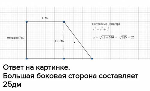 Основания прямоугольной трапеции равны 11 дм и 35 дм. Меньшая боковая сторона равна 10 дм.Вычисли бо