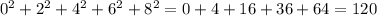 0^{2}+2^{2}+4^{2}+6^{2}+8^{2} = 0+ 4+16+36+64=120