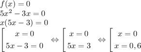 f(x) = 0\\5x^2 - 3x = 0\\x(5x-3) = 0\\\left[\begin{gathered}x = 0\\5x - 3 =0\\\end{gathered} \ \ \Leftrightarrow\left[\begin{gathered}x = 0\\5x = 3\\\end{gathered} \ \ \Leftrightarrow$\left[\begin{gathered}x=0\\x = 0,6\\\end{gathered}