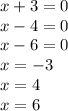 x + 3 = 0 \\ x - 4 = 0 \\ x - 6 = 0 \\ x = - 3 \\ x = 4 \\ x = 6 \\