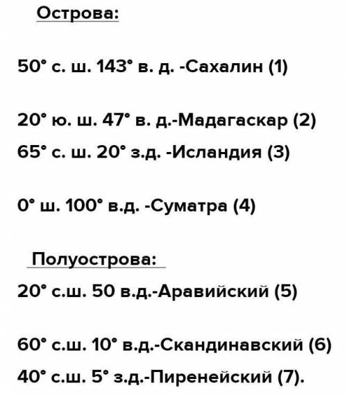 Координаты Название географического объекта20° с. ш. 152° з.д.50° ю. ш.10° в.д.0° с.ш.20° в.д.52° с.