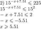 2) \: {15}^{ - x + 7.51} \leqslant 225 \\ {15}^{ - x + 7.51} \leqslant {15}^{2} \\ - x + 7.51 \leqslant 2 \\ - x \leqslant - 5.51 \\ x \geqslant 5.51