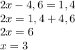 2x-4,6=1,4\\2x =1,4+4,6\\2x=6\\x=3