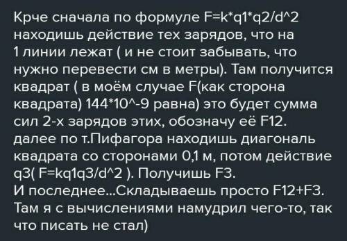 Точечные заряженные частицы q1 = q3 = 20 нКл, q2 = q4 = –20 нКл установлены в вершинах квадрата, сто