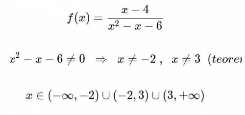 Найдите область определения функции f(x)=x-4/x2-x-6