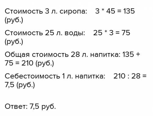 Для изготовления напитка взяли 4 л малинового сиропа по цене 45 руб. за 1 л и 24 л родниковой воды п