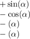 + \sin( \alpha ) \\ - \cos( \alpha ) \\ - \tg( \alpha ) \\ - \ctg( \alpha )