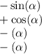 - \sin( \alpha ) \\ + \cos( \alpha ) \\ - \tg( \alpha ) \\ - \ctg( \alpha )