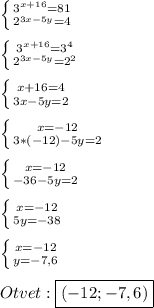 \left \{ {{3^{x+16}=81 } \atop {2^{3x-5y}=4}} \right.\\\\\left \{ {{3^{x+16}=3^{4} } \atop {2^{3x-5y}=2^{2} }} \right.\\\\\left \{ {{x+16=4} \atop {3x-5y=2}} \right.\\\\\left \{ {{x=-12} \atop {3*(-12)-5y=2}} \right.\\\\\left \{ {{x=-12} \atop {-36-5y=2}} \right. \\\\\left \{ {{x=-12} \atop {5y=-38}} \right.\\\\\left \{ {{x=-12} \atop {y=-7,6}} \right.\\\\Otvet:\boxed{(-12;-7,6)}