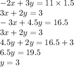 - 2x + 3y = 11 \times 1.5\\ 3x + 2y = 3 \\ - 3x + 4.5y = 16.5 \\ 3x + 2y = 3 \\ 4.5y + 2y = 16.5 + 3 \\ 6.5y = 19.5 \\ y = 3