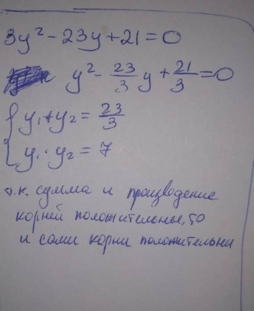 Как определить знаки корней уравнения, не решая уравнение 3y^2-23+21=0