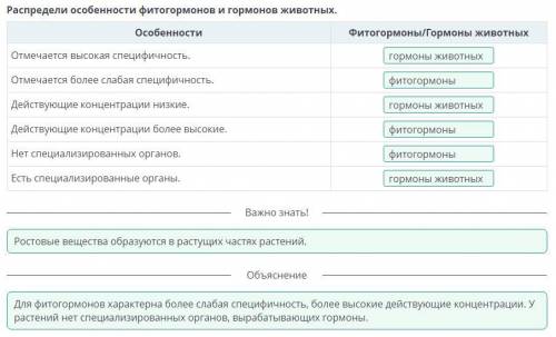 Распредели особенность фитогормонов игормоны животных