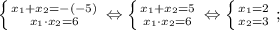 \left \{ {{x_{1}+x_{2}=-(-5)} \atop {x_{1} \cdot x_{2}=6}} \right. \Leftrightarrow \left \{ {{x_{1}+x_{2}=5} \atop {x_{1} \cdot x_{2}=6}} \right. \Leftrightarrow \left \{ {{x_{1}=2} \atop {x_{2}=3}} \right. ;