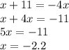 x+11=-4x\\x+4x=-11\\5x=-11\\x=-2.2