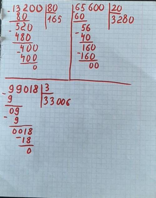 только фото решения этих примеров это в столбик 13 200:8065 600:2099 018:3 ​